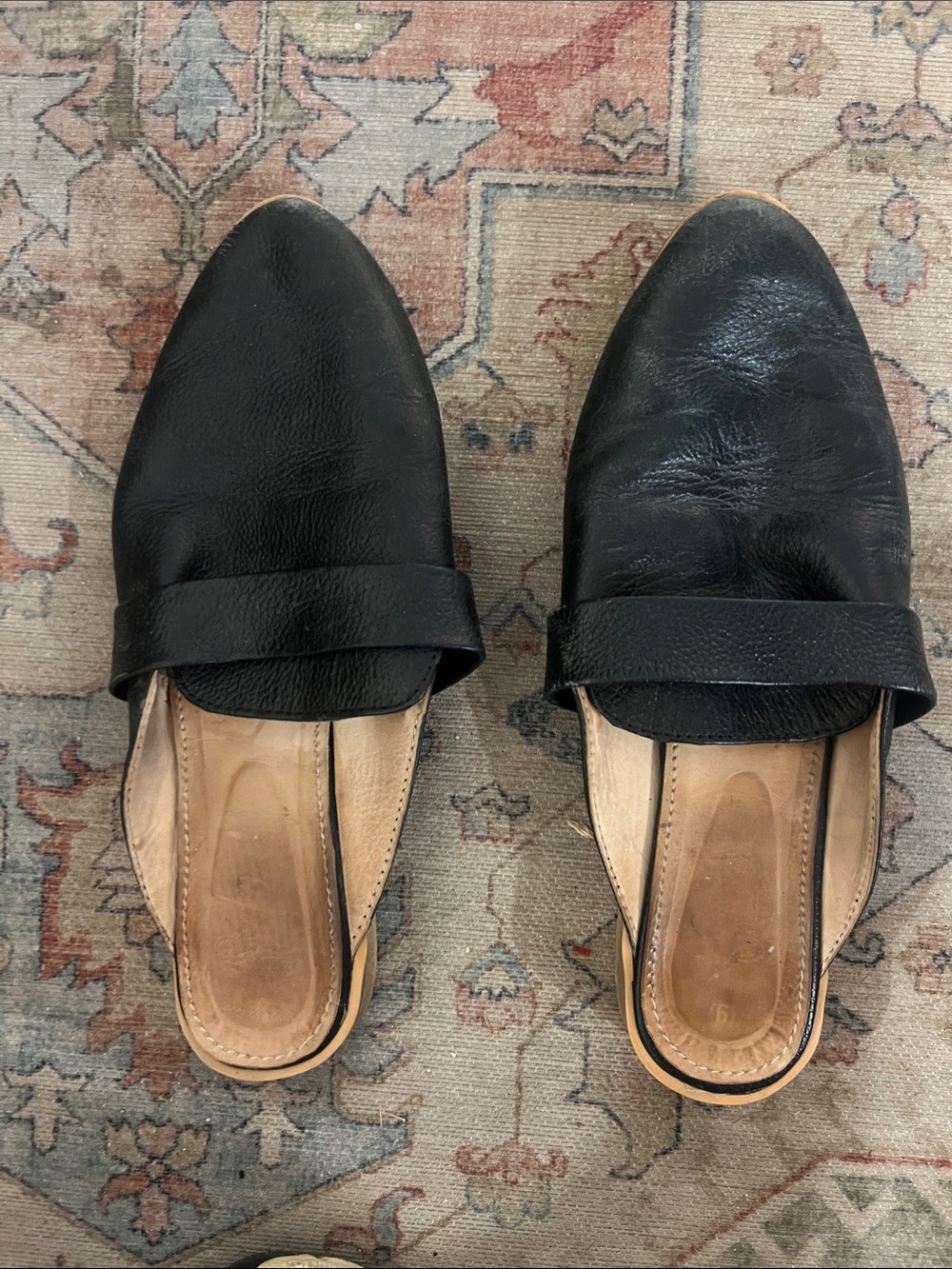 Women's Black Leather Slip-On Mules with Strap Detail